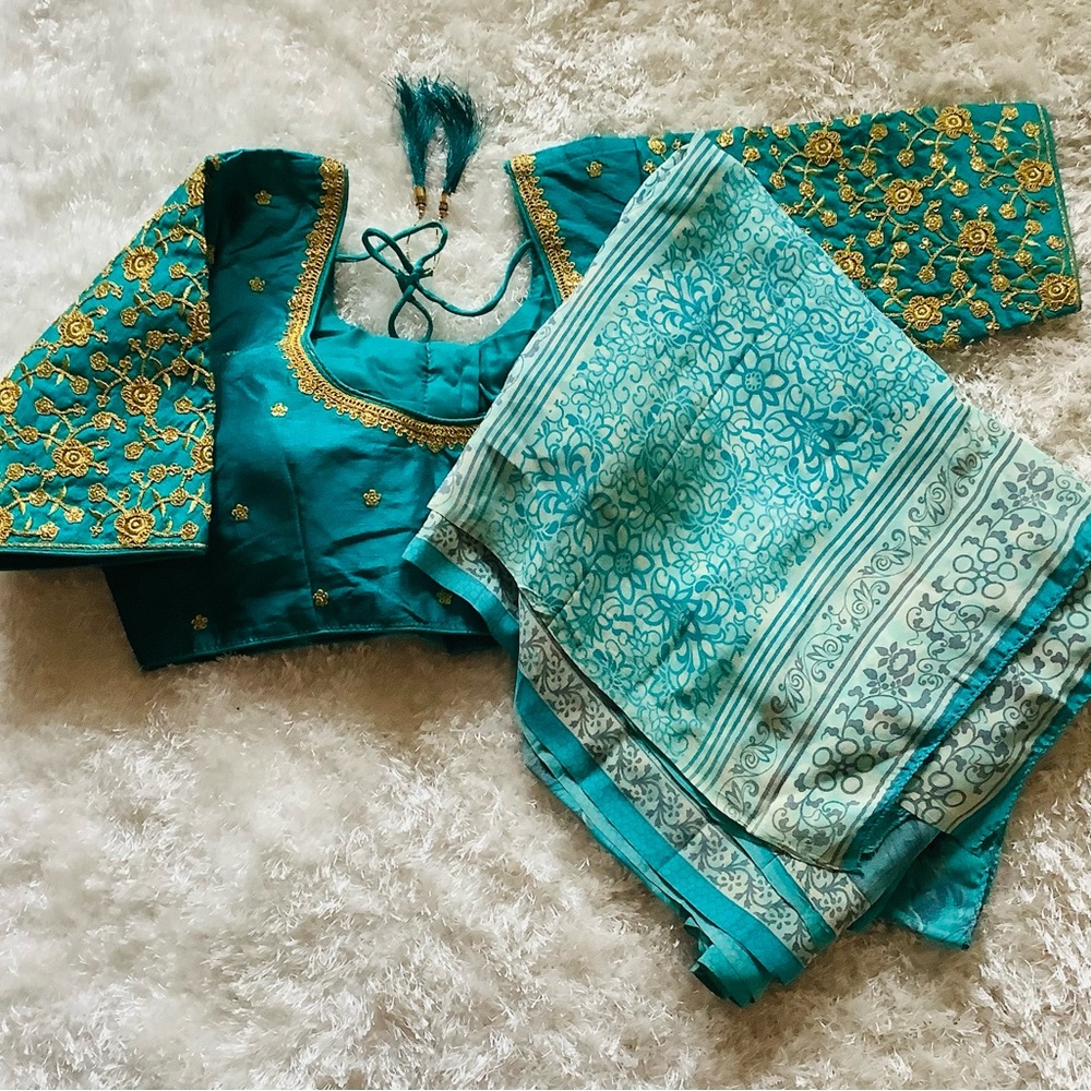 Silk Sari, jeweled blouse, and petticoat